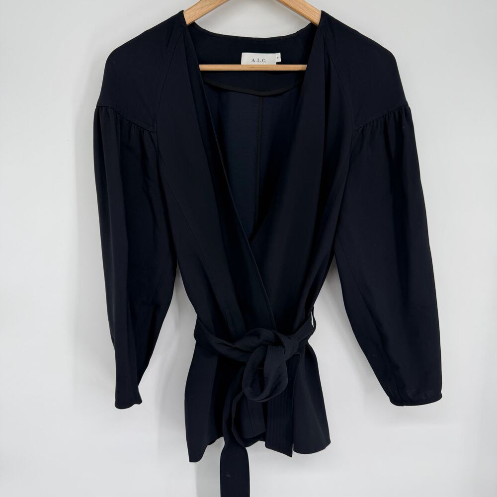 A.L.C. Jacket Blazer Women's 8 Navy Peasant Sleeves‎ Belt Quiet Luxury Old Money